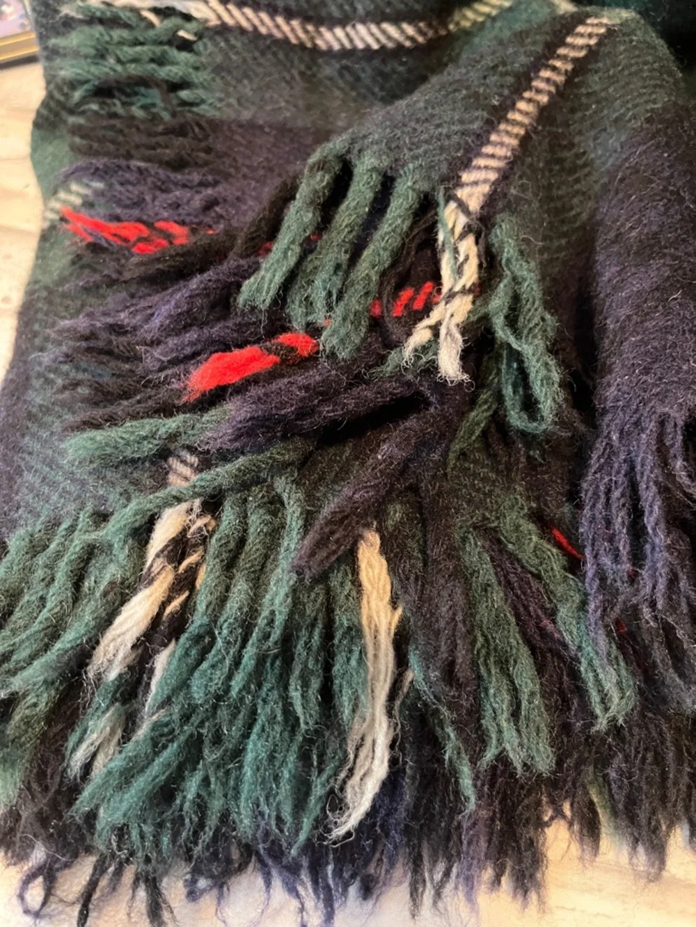 Moffat Kilmahog Mackenzie Green, blue & Red Plaid Fringe wool Throw Blanket